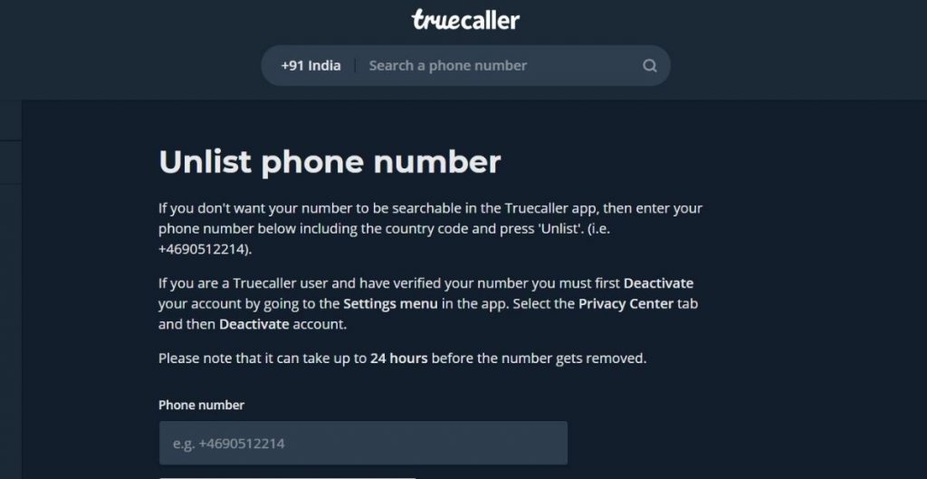 unlist your number from truecaller